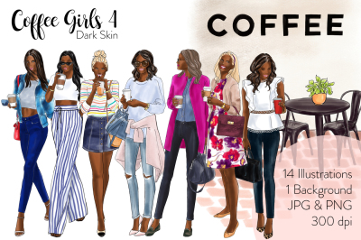 Watercolor Fashion Clipart - Coffee Girls 4 - Dark Skin