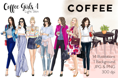 Watercolor Fashion Clipart - Coffee Girls 4 - Light Skin