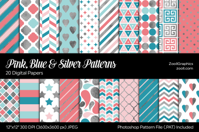 Pink, Blue & Silver Digital Papers