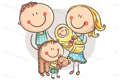 Happy cartoon family with two children