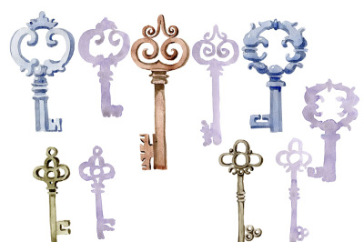 Watercolor vintage old keys PNG set &nbsp;