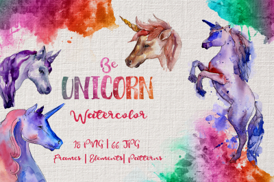 Colorful unicorn horse PNG watercolor set  