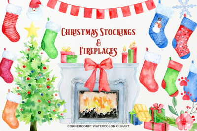 Watercolor Christmas Stockings and Fireplaces Clipart