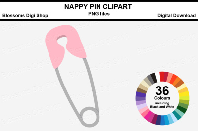 Nappy Pin Clipart, multi colours, 36 PNG files