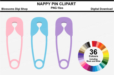 Napppy Pin Clipart, multi colours, 36 PNG files
