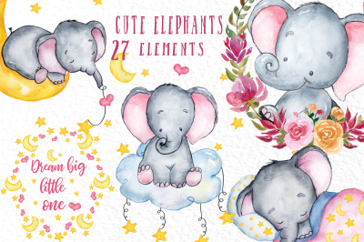Cute Elephant clipart, WATERCOLOR ANIMALS, Baby shower clipart