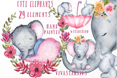 Cute Elephants clipart, WATERCOLOUR ANIMALS, Baby shower