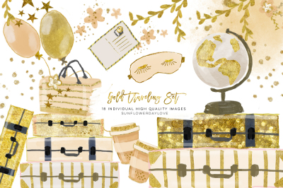 Gold Luggage Clipart set, chic luggage clip art