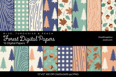 Forest Digital Papers - Blue, Turquoise & Peach