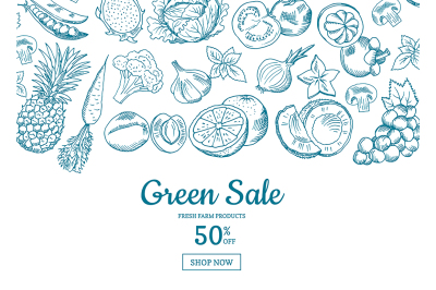 Vector handdrawn fruits and vegetables horizontal sale background