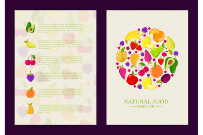 Vector flat fruits vegan, healthy food card, brochure, flyer template