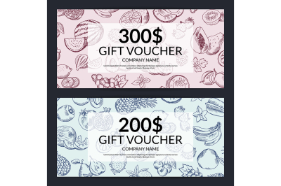 Vector handdrawn doodle fruits and vegetables gift voucher templates