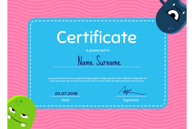 Vector children diploma or certificate with cute cartoon monsters