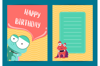 Vector happy birthday card template with cute cartoon monsters 