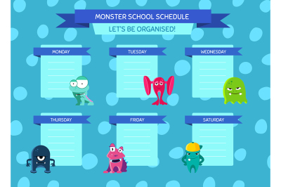 Vector school schedule with ribbons, cartoon monsters 