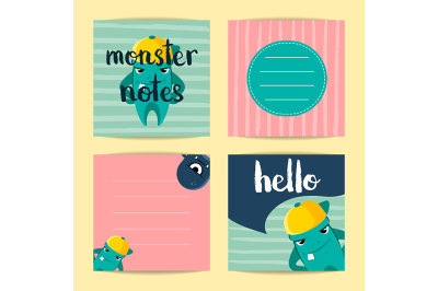 Vector square note cards with cute cartoon monsters 