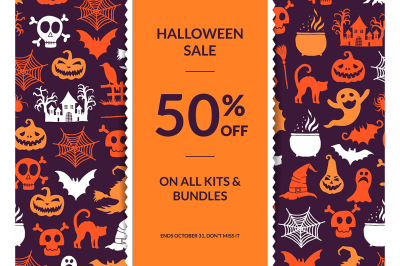 Vector halloween background with vertical decorative ribbon, witches