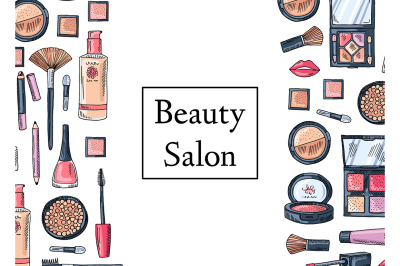 Vector hand drawn makeup products background