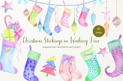 Hand painted watercolor Christmas Stockings on washing Line
