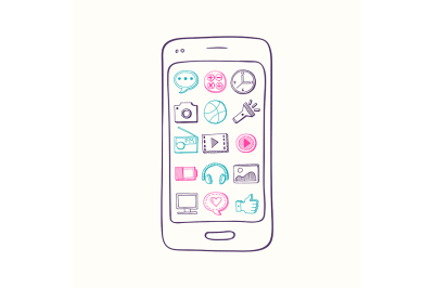 Vector hand drawn smartphone with app icon elements on screen