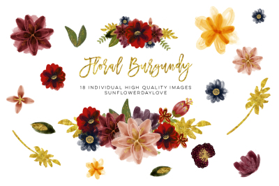 Floral Burgundy Clip Art, Watercolor floral Clip Art
