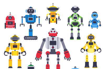 Flat bots and robots. Robotic bot mascot, humanoid robot and cute chat