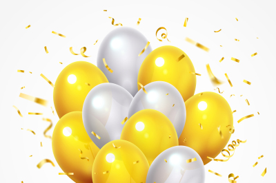 Flying balloons group. Golden shiny falling confetti, glossy yellow an