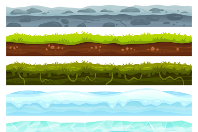 Seamless land layers. Dirt ground landscape game asset, ice with snow 