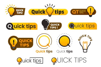 Logo quick tips. Yellow lightbulb icon with quicks tip text. Lamp of a