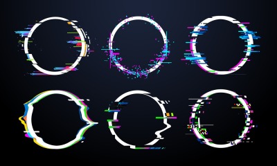 Glitch circle frame. Tv distorted signal chaos&2C; glitched ring light ef