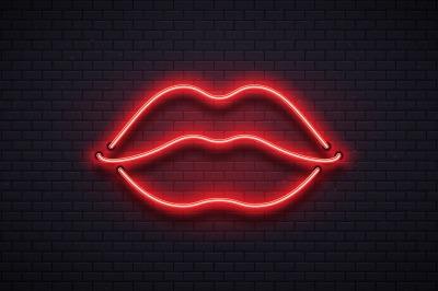 Retro neon lips sign. Romantic kiss, kissing couple lip bar red neons 