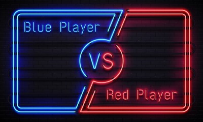 Neon versus frame. Battle competition blue and red players team frames