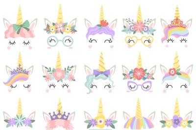 Unicorn face. Beautiful pony unicorns faces&2C; magic horn in rainbow flo