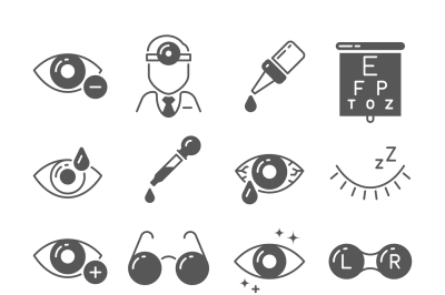 Optometry icons. Eye and glasses&2C; vision and lens&2C; laser surgery signs