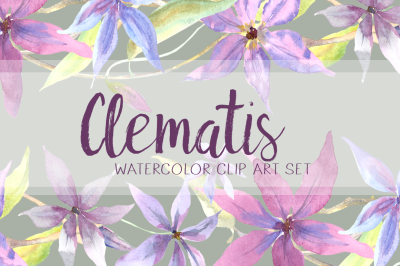 Watercolor Clematis Clip Art Set - Pattern, Border, Wreath