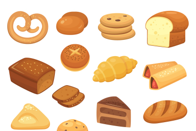 Cartoon bread icon. Breads and rolls. French roll, breakfast toast and