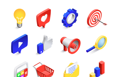 3d social marketing icons. Isometric web seo likes sign, business mail