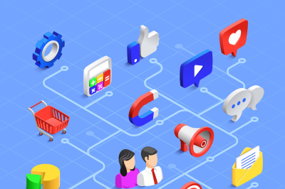 Social media isometric icons. Digital marketing communication&2C; multime