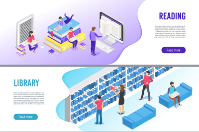 Isometric read book banner. Online library books with bookmark, readin