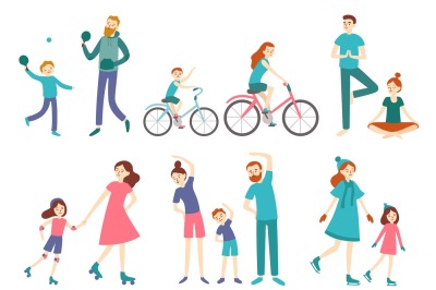 Sport family people. Couple with kids on fitness workout, cycling and 