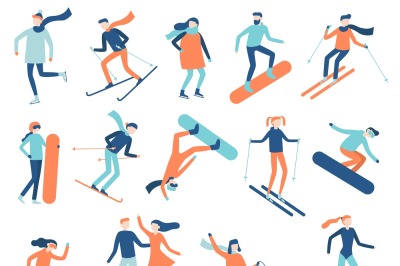 Winter sport people. Sportsman on snowboard, skis or ice skates. Snowb