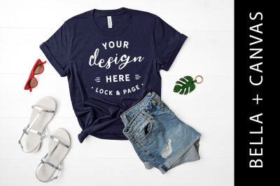 Navy Bella Canvas 3001 Shirt Mockup T Shirt Fashion Flat Lay