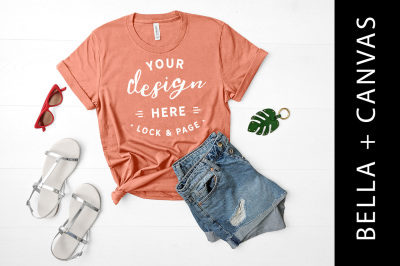 Sunset Bella Canvas 3001 T-Shirt Mockup Feminine Beach Style