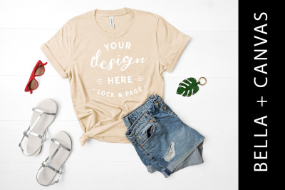 Tan Bella Canvas 3001 T-Shirt Mockup Clean Fashion Flat Lay