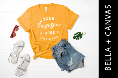 Gold Bella Canvas 3001 T-Shirt Mockup Lifestyle Flat Lay