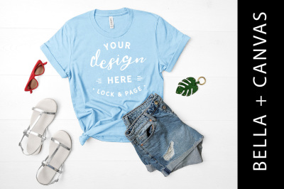 Ocean Blue Bella Canvas 3001 TShirt Mockup Flat Lay