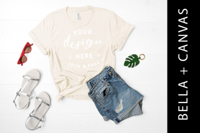 Soft Cream Bella Canvas 3001 TShirt Mockup Rustic Wood Flat Lay