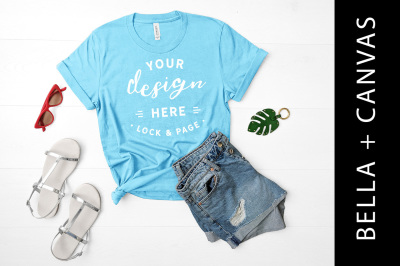 Aqua Bella Canvas 3001 T-Shirt Mockup Flat Lay