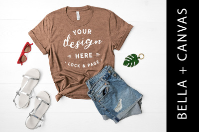 Heather Brown Bella Canvas 3001 Tshirt Mockup Cute Flat Lay