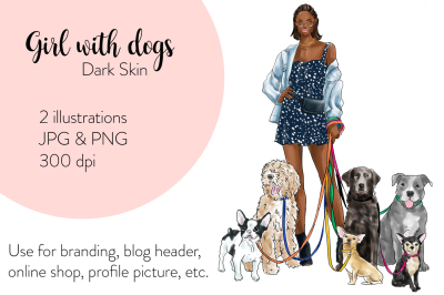Watercolor Fashion Illustration - Girl with Dogs - Dark Skin